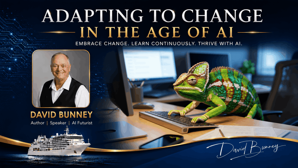 David Bunney with a chameleon on a laptop keyboard for AI adaptation theme.