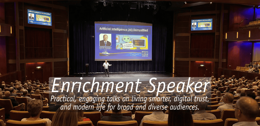 David Bunney delivering a talk on artificial intelligence and digital trust at a speaking event.