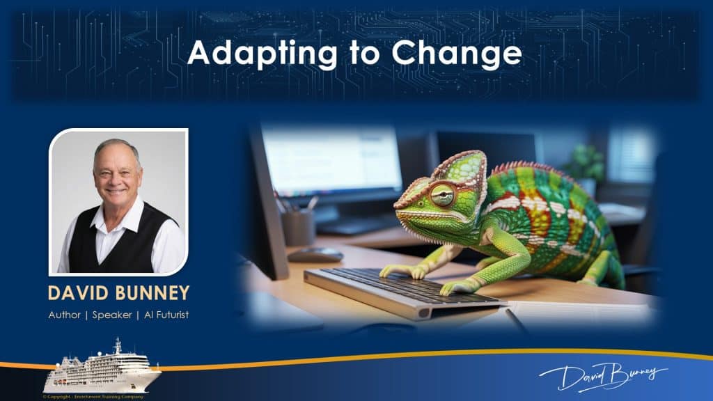 Professional speaker David Bunney with a chameleon on a laptop keyboard.