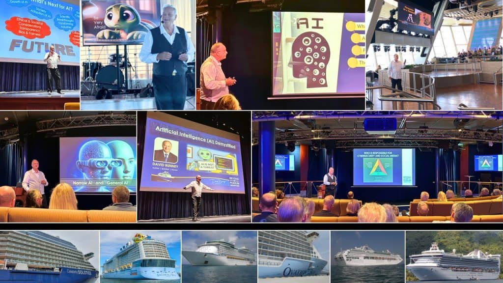 Speaker presenting on artificial intelligence and future innovations at a conference.