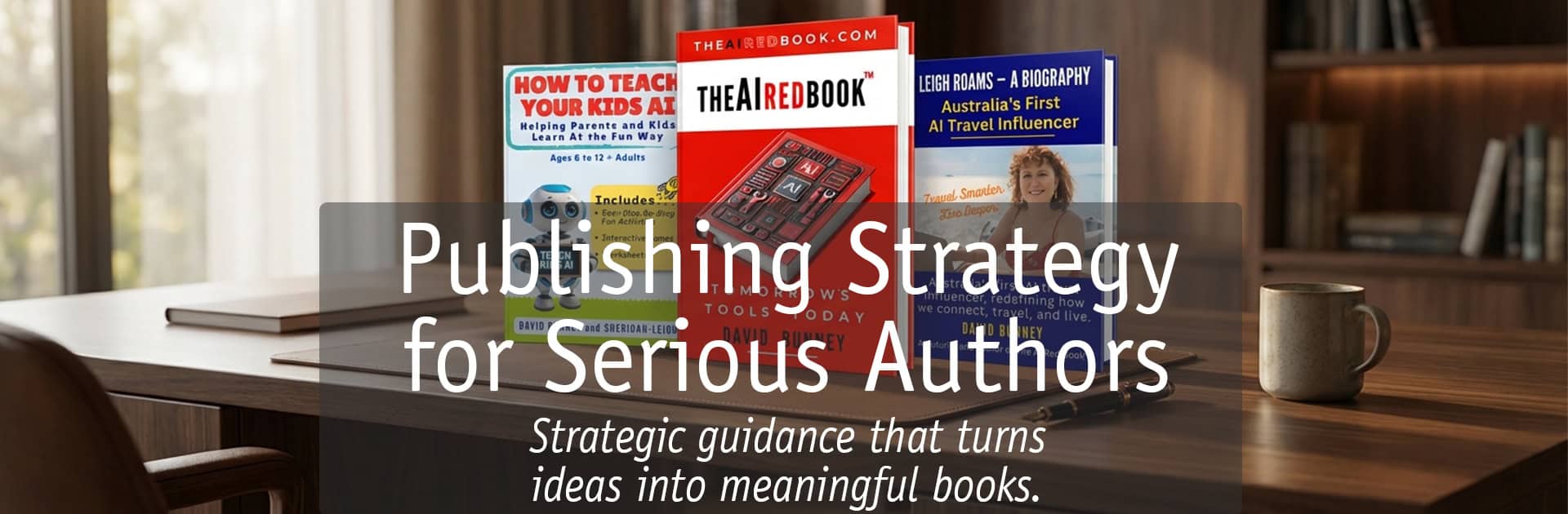 Author working at desk with publishing books and strategy guides.