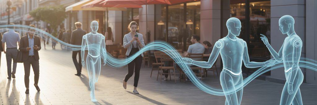 Futuristic digital human figures interacting in an urban outdoor setting.
