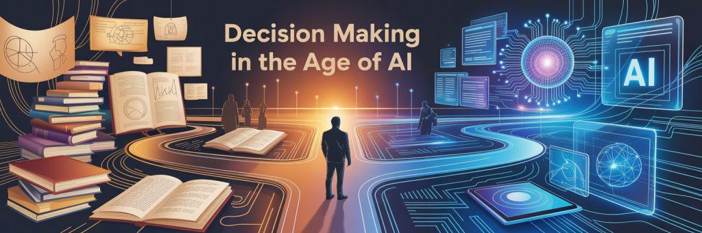 AI and decision-making concepts with digital technology visuals.