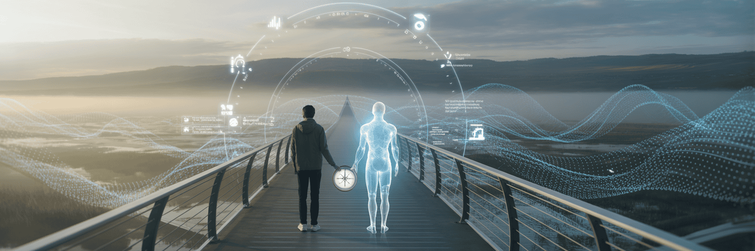 Person walking on a bridge towards a digital human figure with futuristic data overlays.
