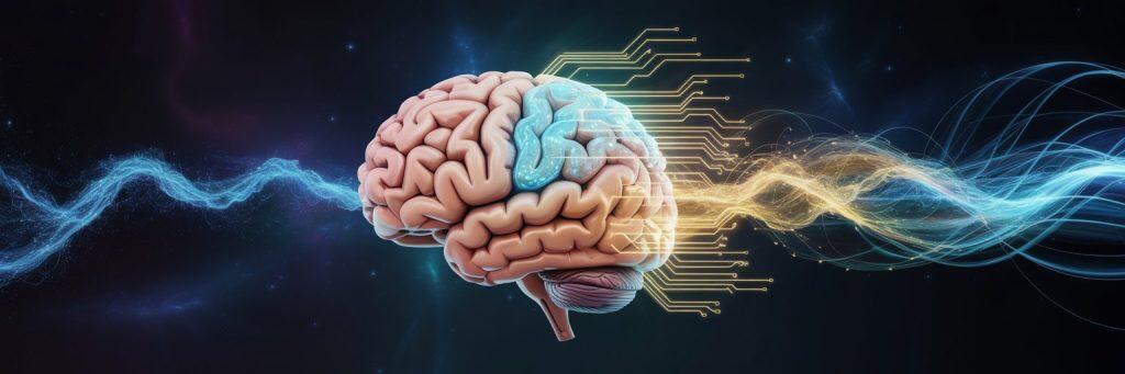 Digital brain with neural connections and data streams.