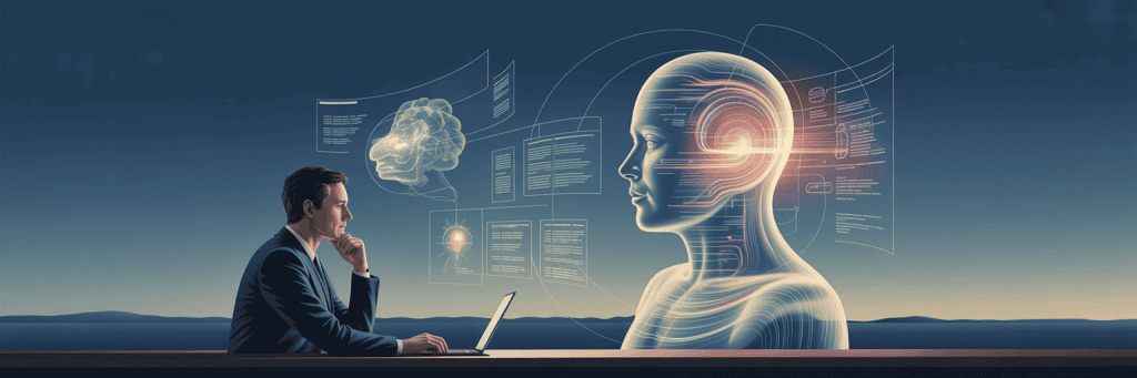 Business professional analyzing AI and data insights on digital screen.