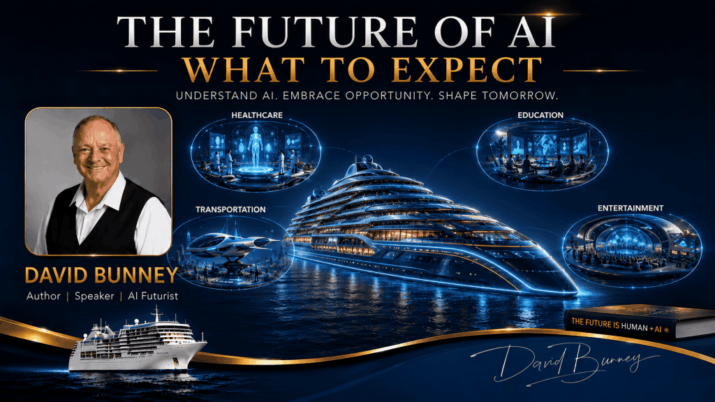 Futuristic cruise ship with digital graphics representing AI's impact on various sectors.