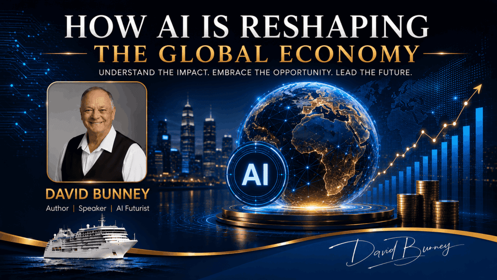 David Bunney discussing AI's impact on the global economy in a presentation.