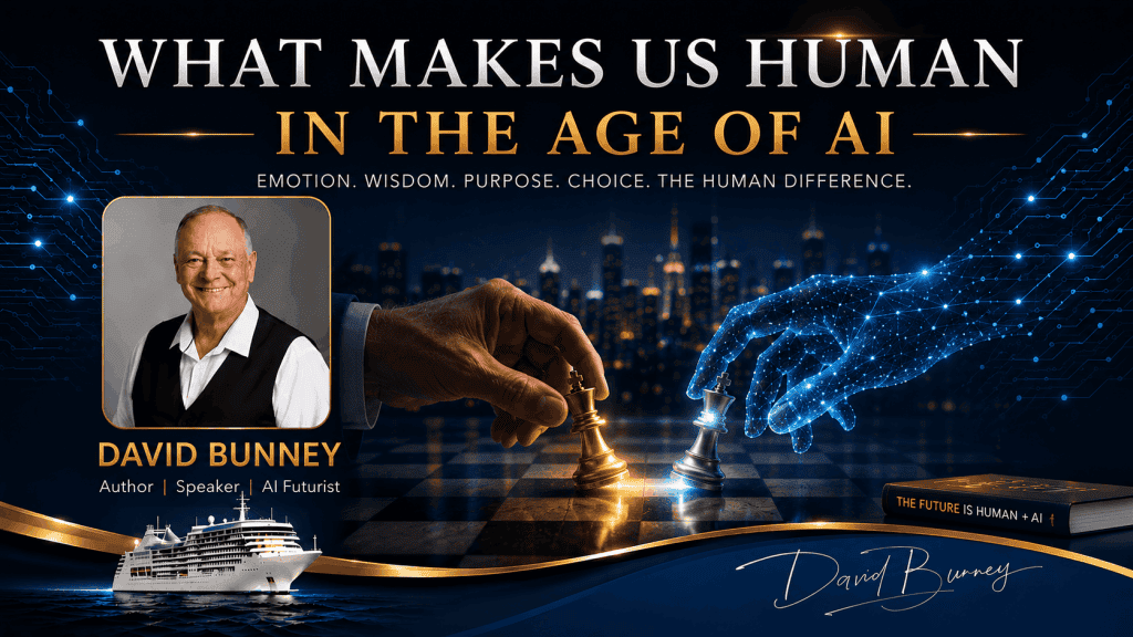 David Bunney speaking at AI and human interaction event with digital cityscape background.