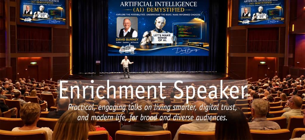 David Bunney delivering a talk on AI and digital trust at a large conference.