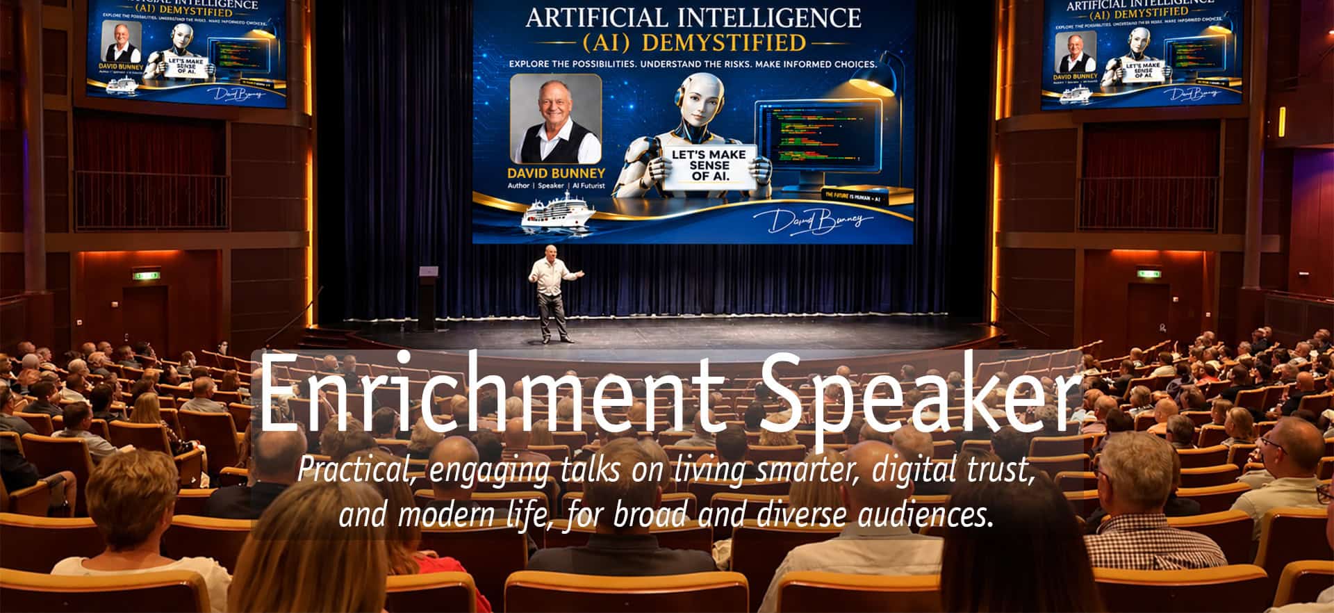 David Bunney delivering a talk on AI and digital trust at a large conference.