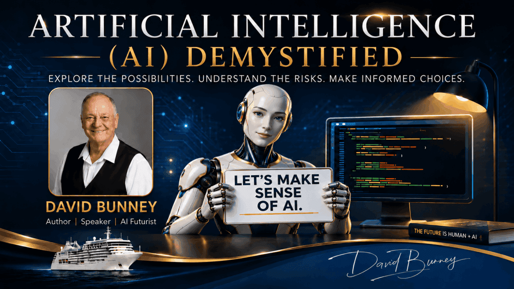Artificial intelligence demystified with David Bunney and a robot holding a 'Let's Make Sense of AI'.